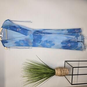 Mango MNG Blue Floral Watercolor Wrap Midi Dress Italian Fabric Size 6 Medium